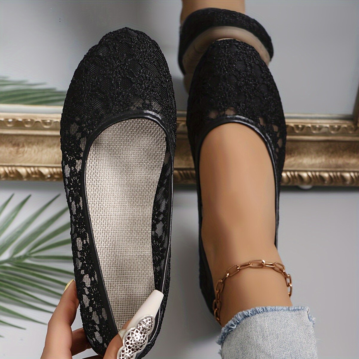 Women's Floral Lace Patttern Ballets, Slip On Soft Sole Breathable Comfy Flats, - Picture 12 of 13