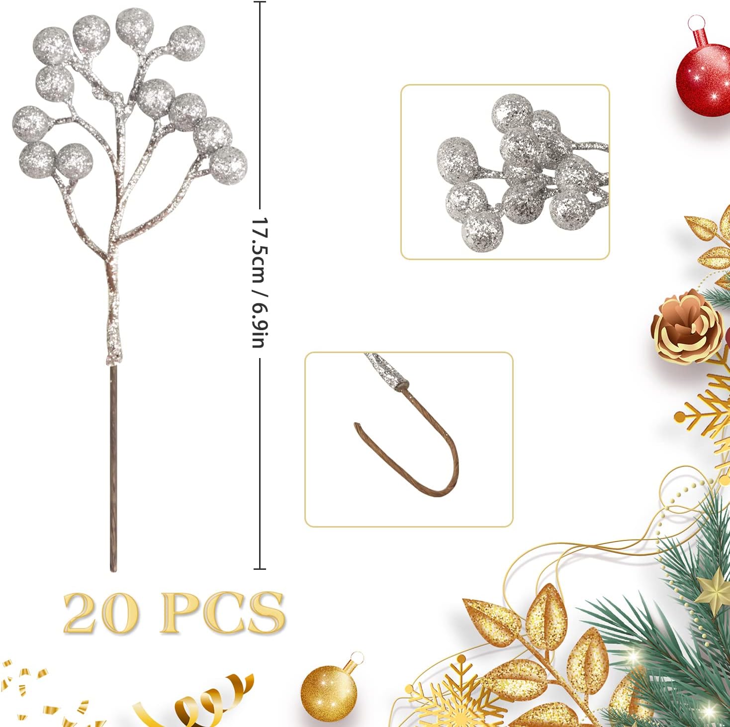 Fangoo 20 Pack 18 cm Champagne Oro Berry Ramita Tallo Artificial Borgoña Berry Pi - Imagen 33 de 66