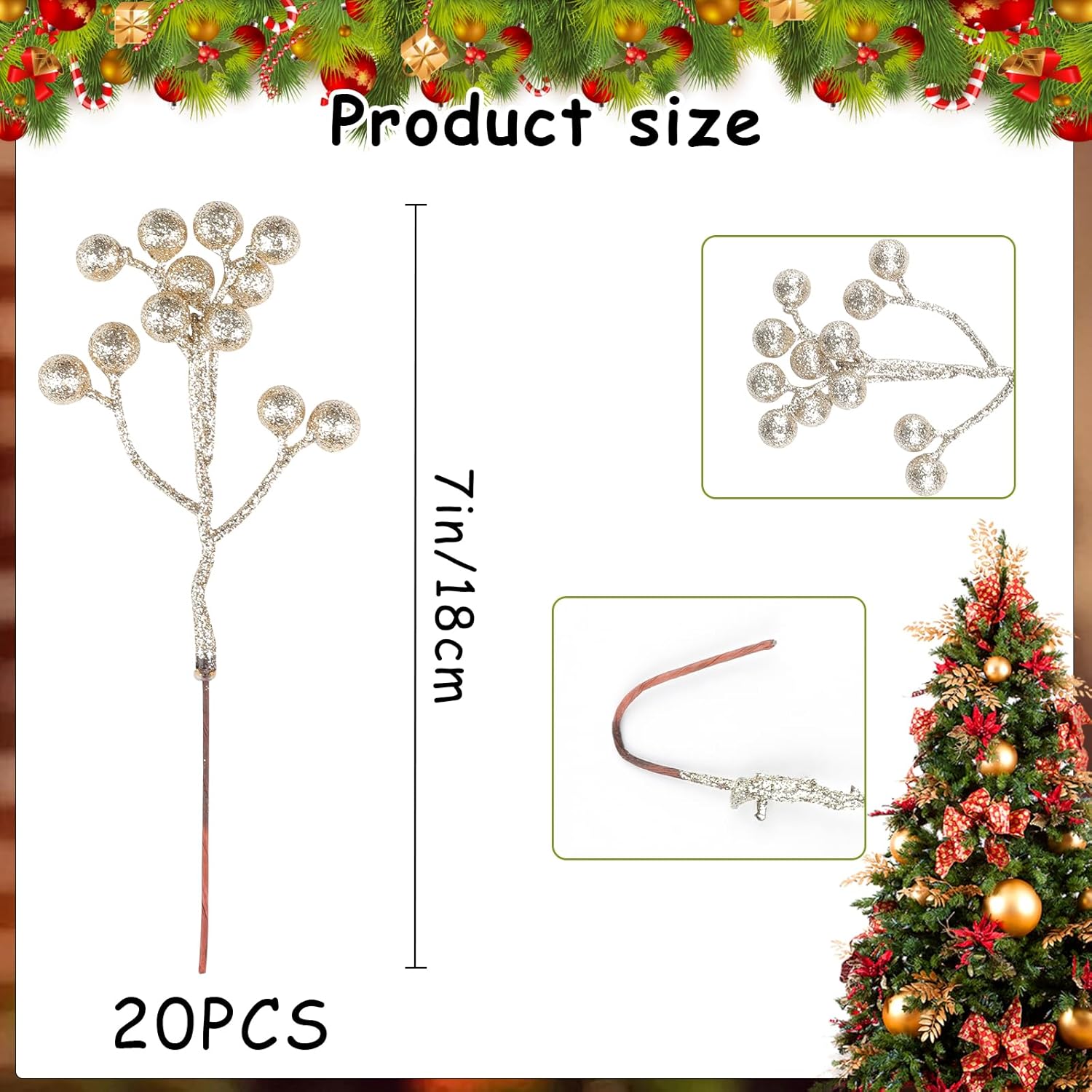 Fangoo 20 Pack 18 cm Champagne Oro Berry Ramita Tallo Artificial Borgoña Berry Pi - Imagen 40 de 66