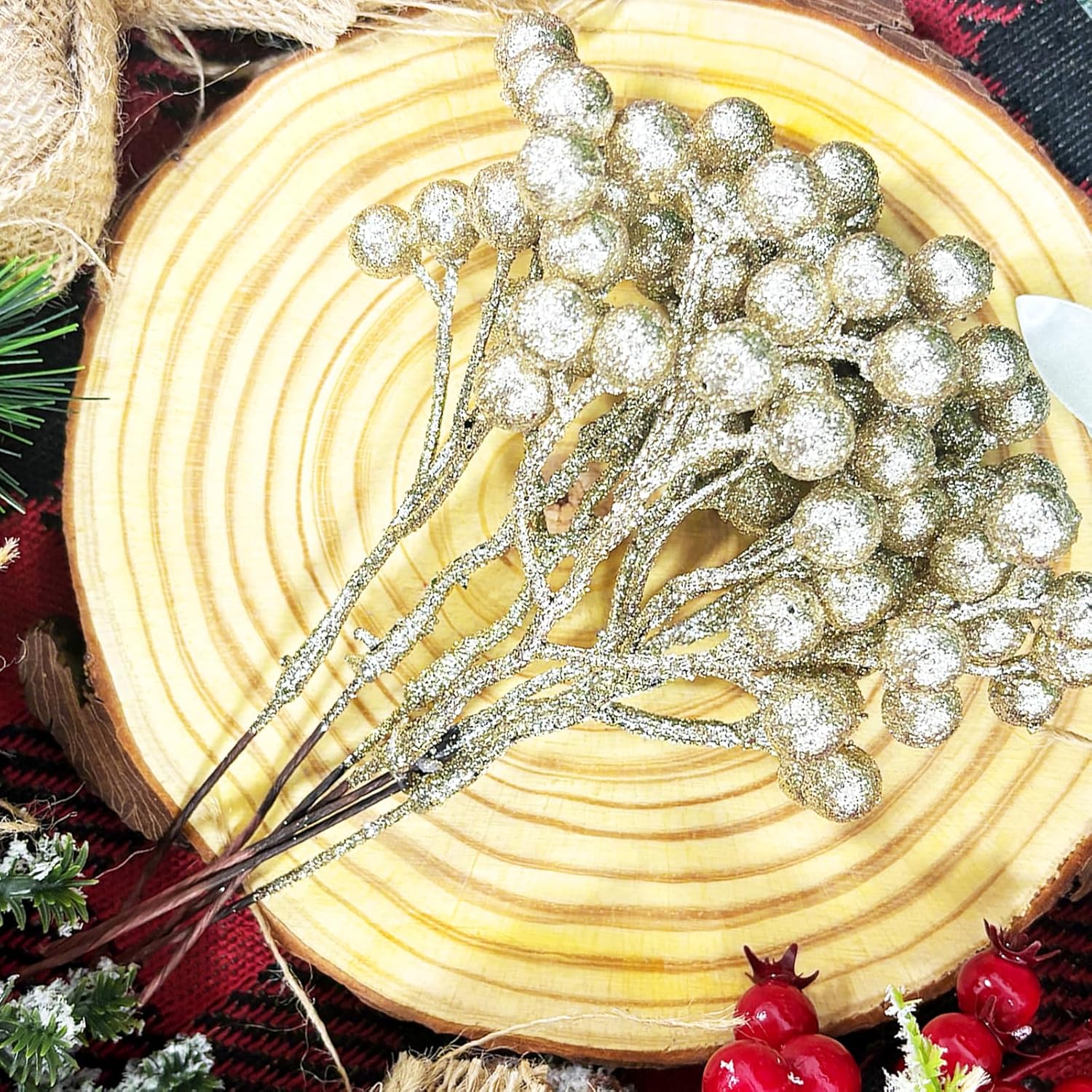 Fangoo 20 Pack 18 cm Champagne Oro Berry Ramita Tallo Artificial Borgoña Berry Pi - Imagen 41 de 66
