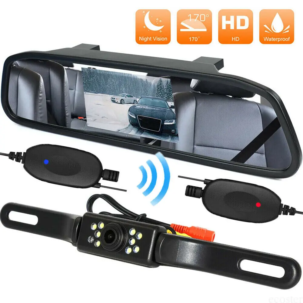 Wireless Car Backup Camera Rear View System Night Vision + 4.3" Mirror Monitor