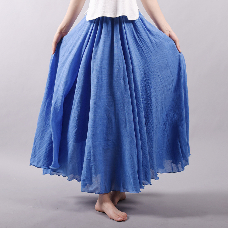 Women's Cotton Linen Solid Midi Skirt Loose Fit Swing Skirt A Line Pleated Skirt - Picture 22 of 31