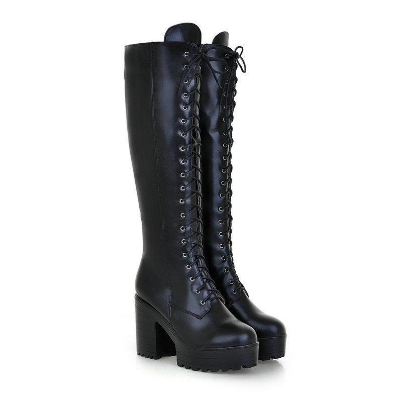 Stivali donna punk tacco a blocco stringati al ginocchio equitazione plateau cerniera laterale scarpe - Foto 16 di 18