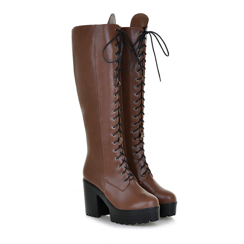 Stivali donna punk tacco a blocco stringati al ginocchio equitazione plateau cerniera laterale scarpe - Foto 17 di 18
