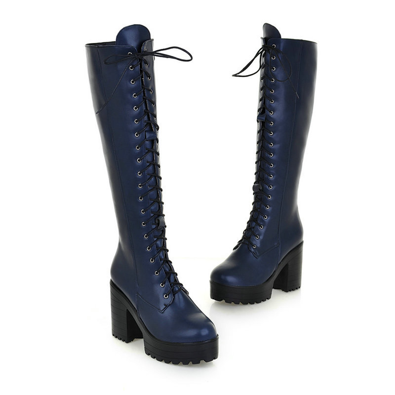 Stivali donna punk tacco a blocco stringati al ginocchio equitazione plateau cerniera laterale scarpe - Foto 18 di 18
