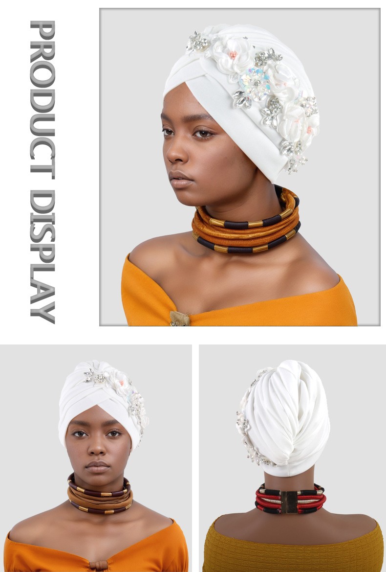 Africa Women Head Wraps Turban Cap Flower Hot Drill Solid Color Bonnet Auto Gele - Picture 21 of 36