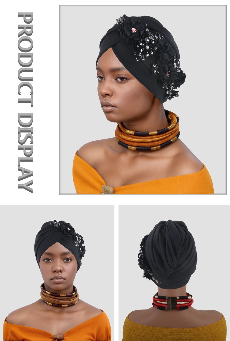 Africa Women Head Wraps Turban Cap Flower Hot Drill Solid Color Bonnet Auto Gele - Picture 23 of 36