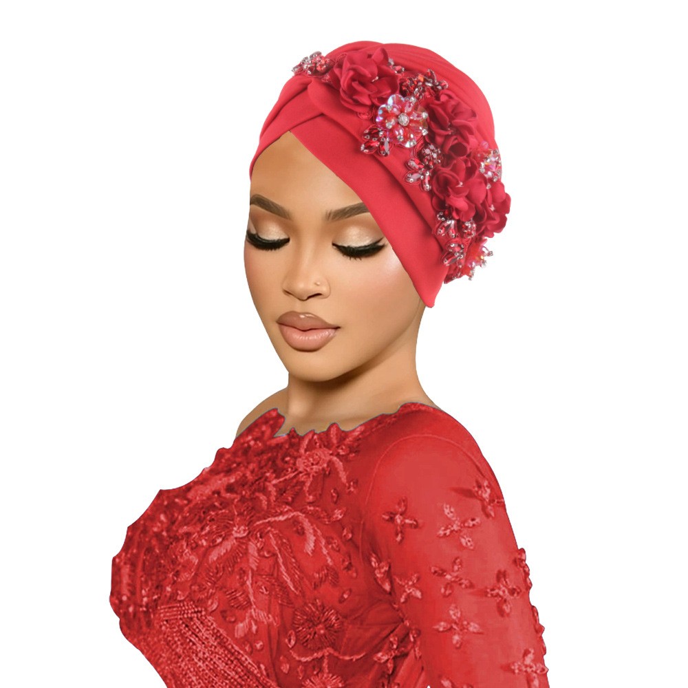 Africa Women Head Wraps Turban Cap Flower Hot Drill Solid Color Bonnet Auto Gele - Picture 24 of 36
