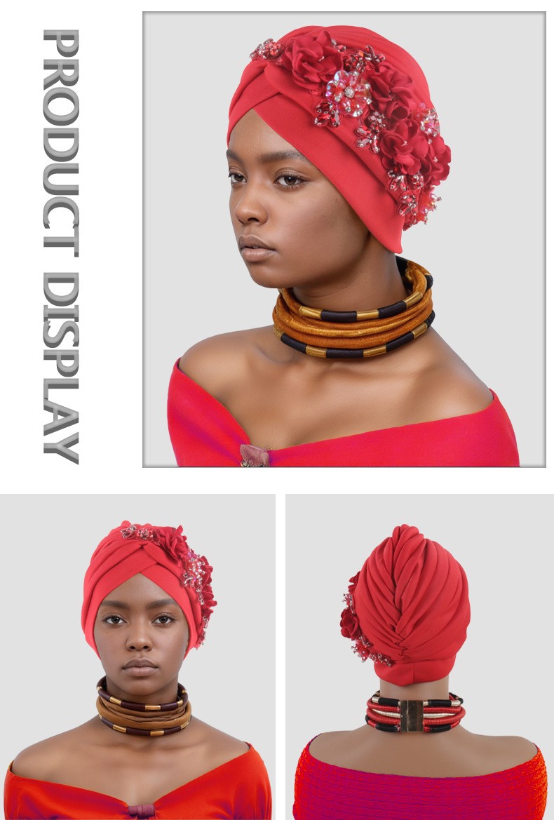 Africa Women Head Wraps Turban Cap Flower Hot Drill Solid Color Bonnet Auto Gele - Picture 25 of 36