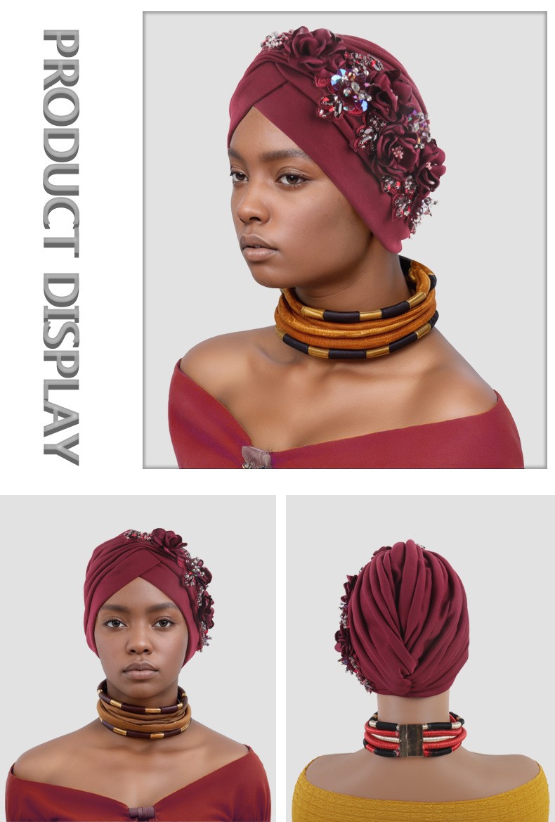 Africa Women Head Wraps Turban Cap Flower Hot Drill Solid Color Bonnet Auto Gele - Picture 27 of 36