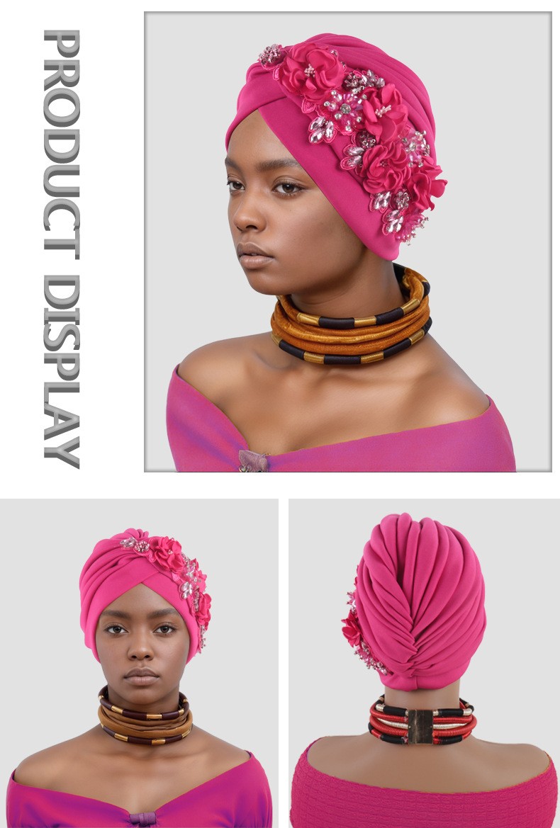 Africa Women Head Wraps Turban Cap Flower Hot Drill Solid Color Bonnet Auto Gele - Picture 29 of 36