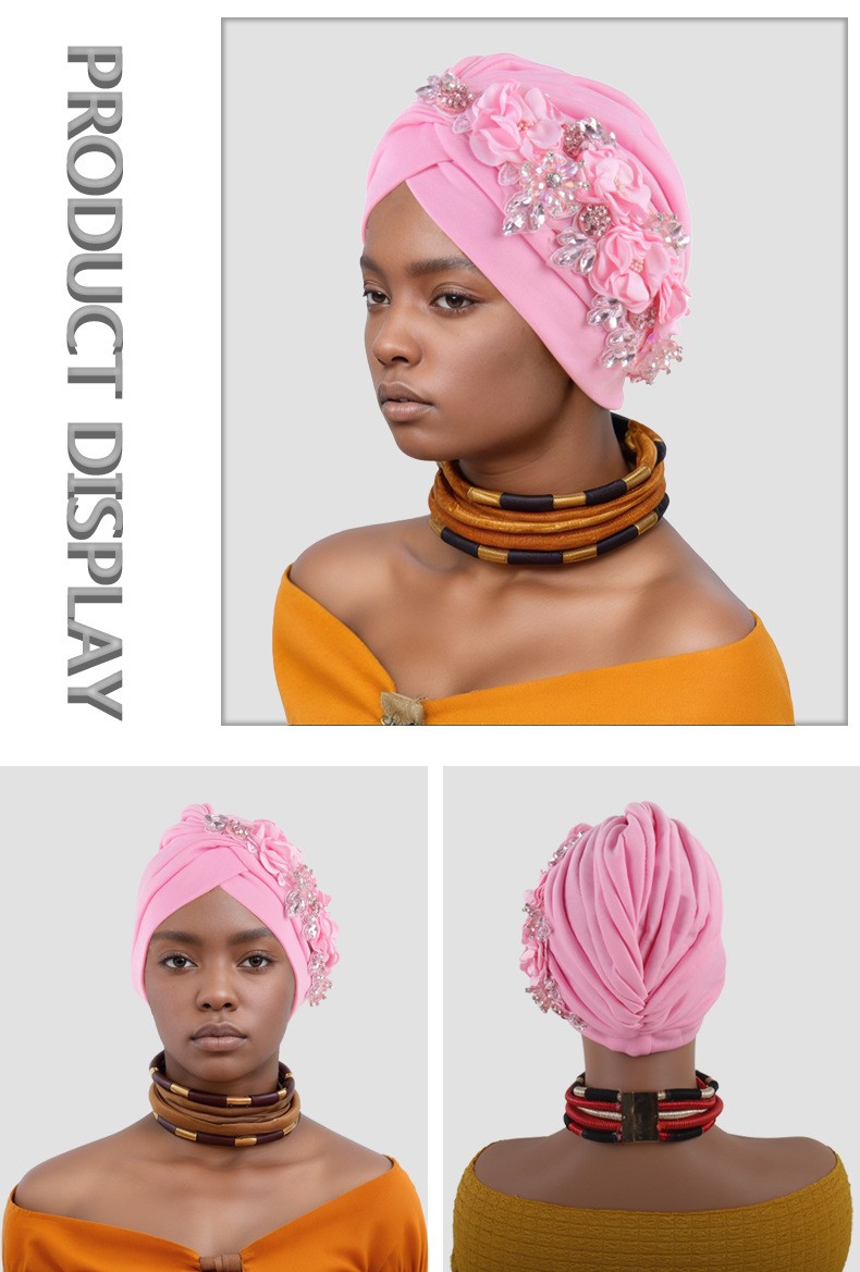 Africa Women Head Wraps Turban Cap Flower Hot Drill Solid Color Bonnet Auto Gele - Picture 31 of 36