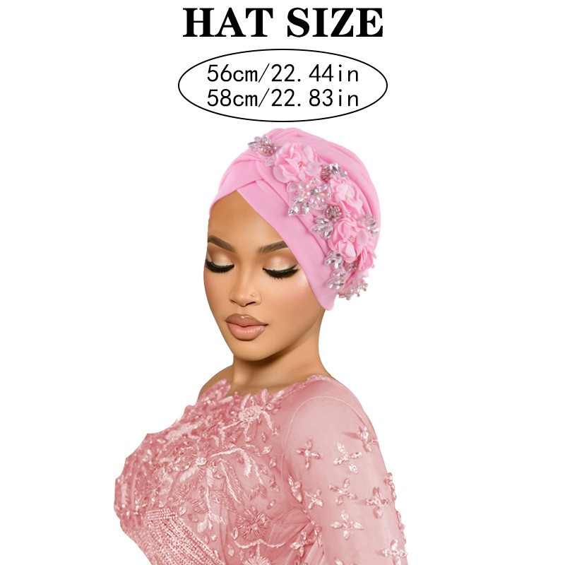 Africa Women Head Wraps Turban Cap Flower Hot Drill Solid Color Bonnet Auto Gele - Picture 32 of 36