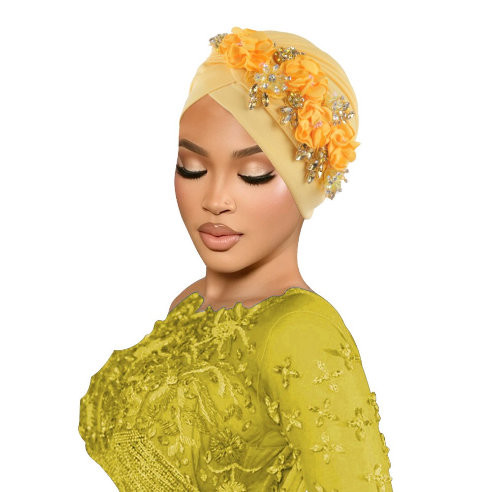 Africa Women Head Wraps Turban Cap Flower Hot Drill Solid Color Bonnet Auto Gele - Picture 33 of 36