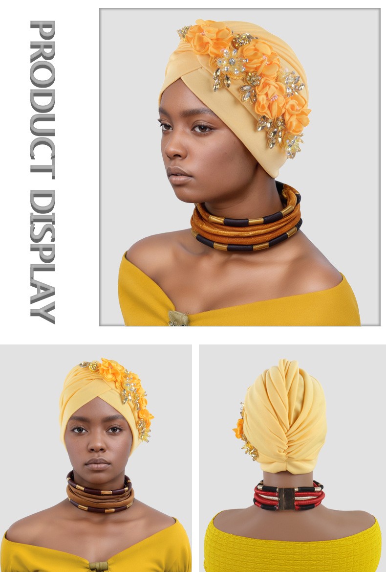Africa Women Head Wraps Turban Cap Flower Hot Drill Solid Color Bonnet Auto Gele - Picture 34 of 36