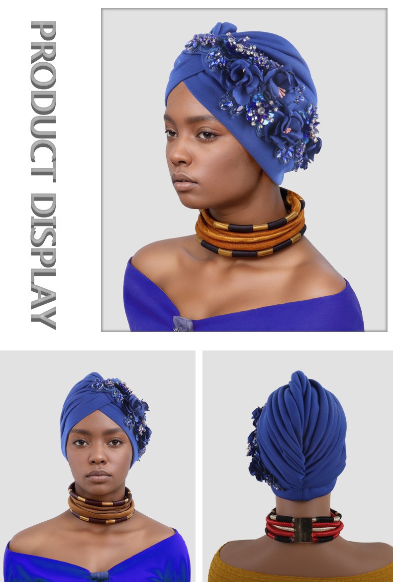 Africa Women Head Wraps Turban Cap Flower Hot Drill Solid Color Bonnet Auto Gele - Picture 36 of 36