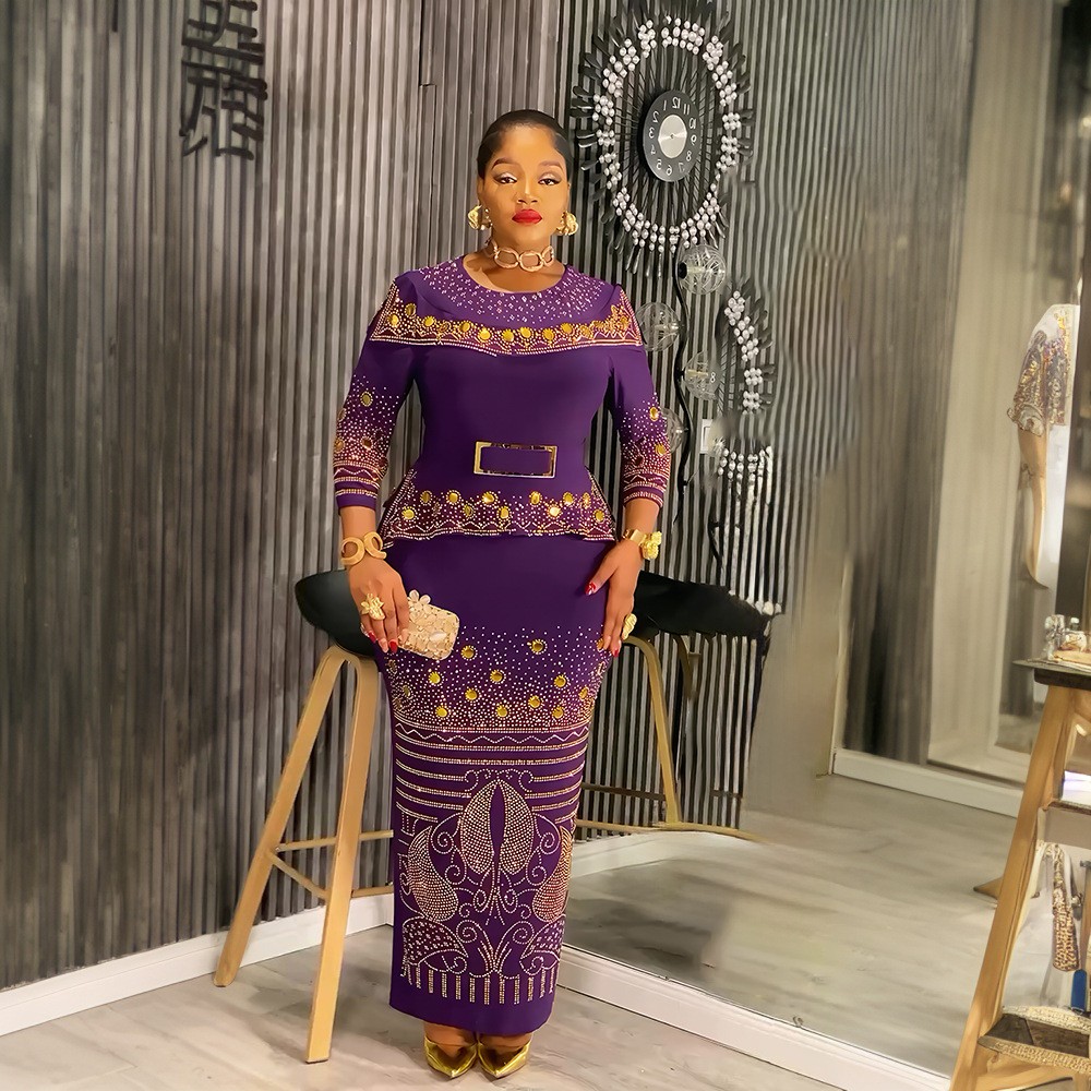 Rhinestone Africa Women Top Long Dress Set Elegant Regular Fit Party Dress Gowns - Picture 22 of 38