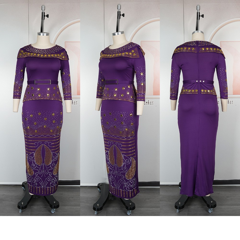 Rhinestone Africa Women Top Long Dress Set Elegant Regular Fit Party Dress Gowns - Picture 23 of 38