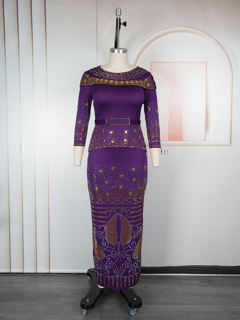 Rhinestone Africa Women Top Long Dress Set Elegant Regular Fit Party Dress Gowns - Picture 30 of 38