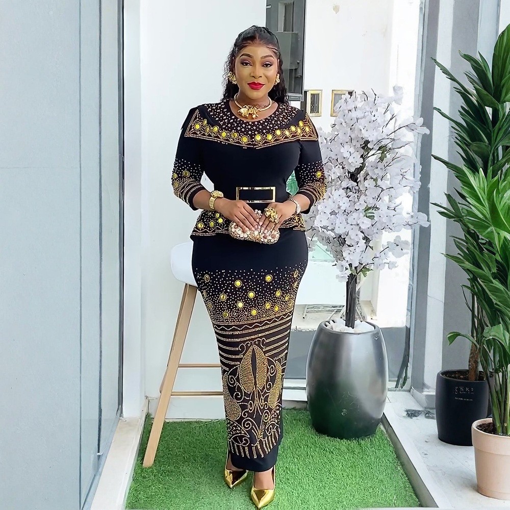Rhinestone Africa Women Top Long Dress Set Elegant Regular Fit Party Dress Gowns - Picture 33 of 38