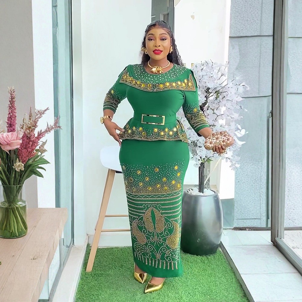 Rhinestone Africa Women Top Long Dress Set Elegant Regular Fit Party Dress Gowns - Picture 35 of 38