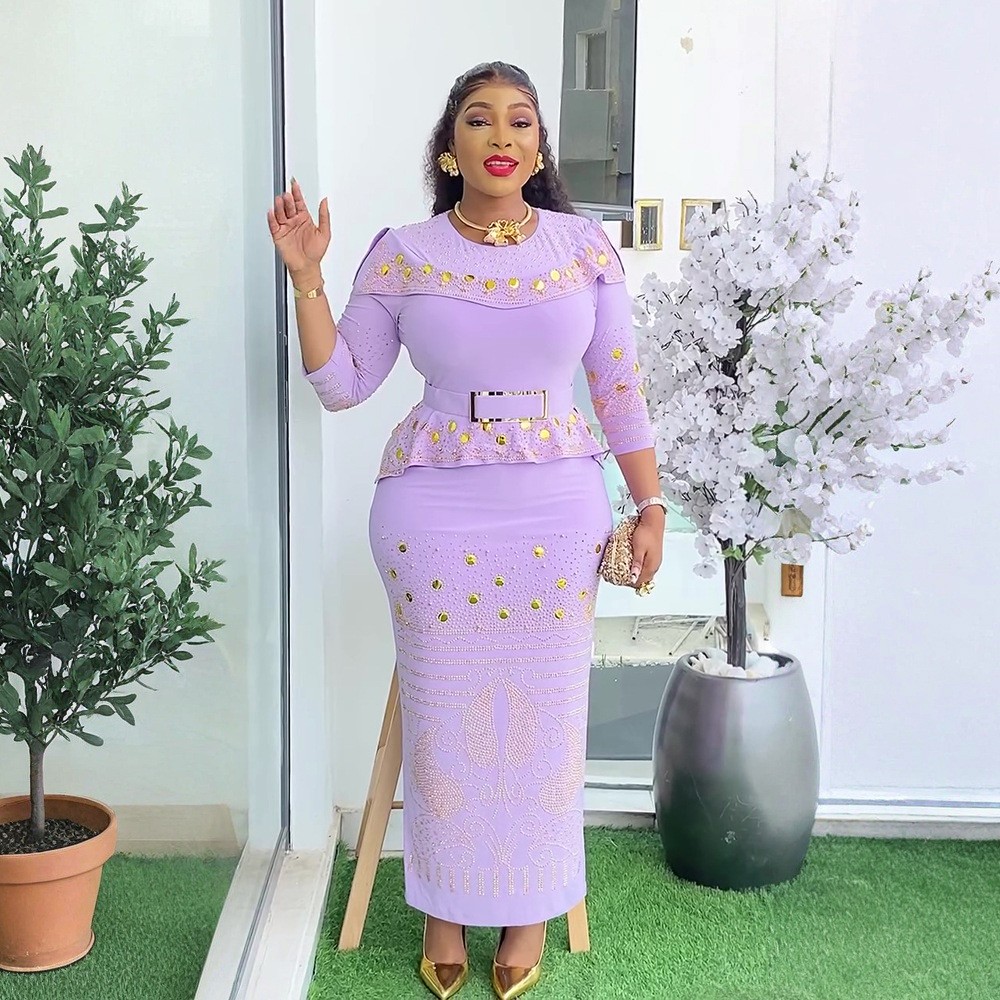 Rhinestone Africa Women Top Long Dress Set Elegant Regular Fit Party Dress Gowns - Picture 37 of 38