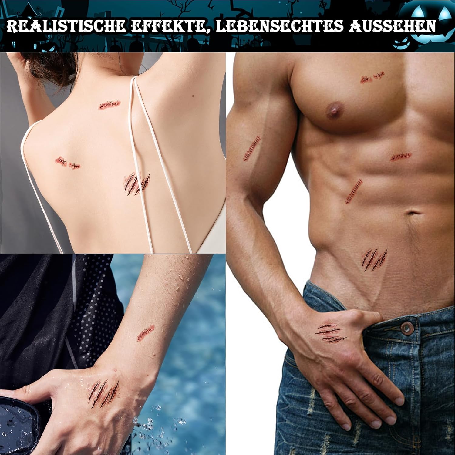 Tatuaje de Halloween cara (10 hojas), tatuajes de cicatrices, heridas de zombi cara de Halloween - Imagen 19 de 38