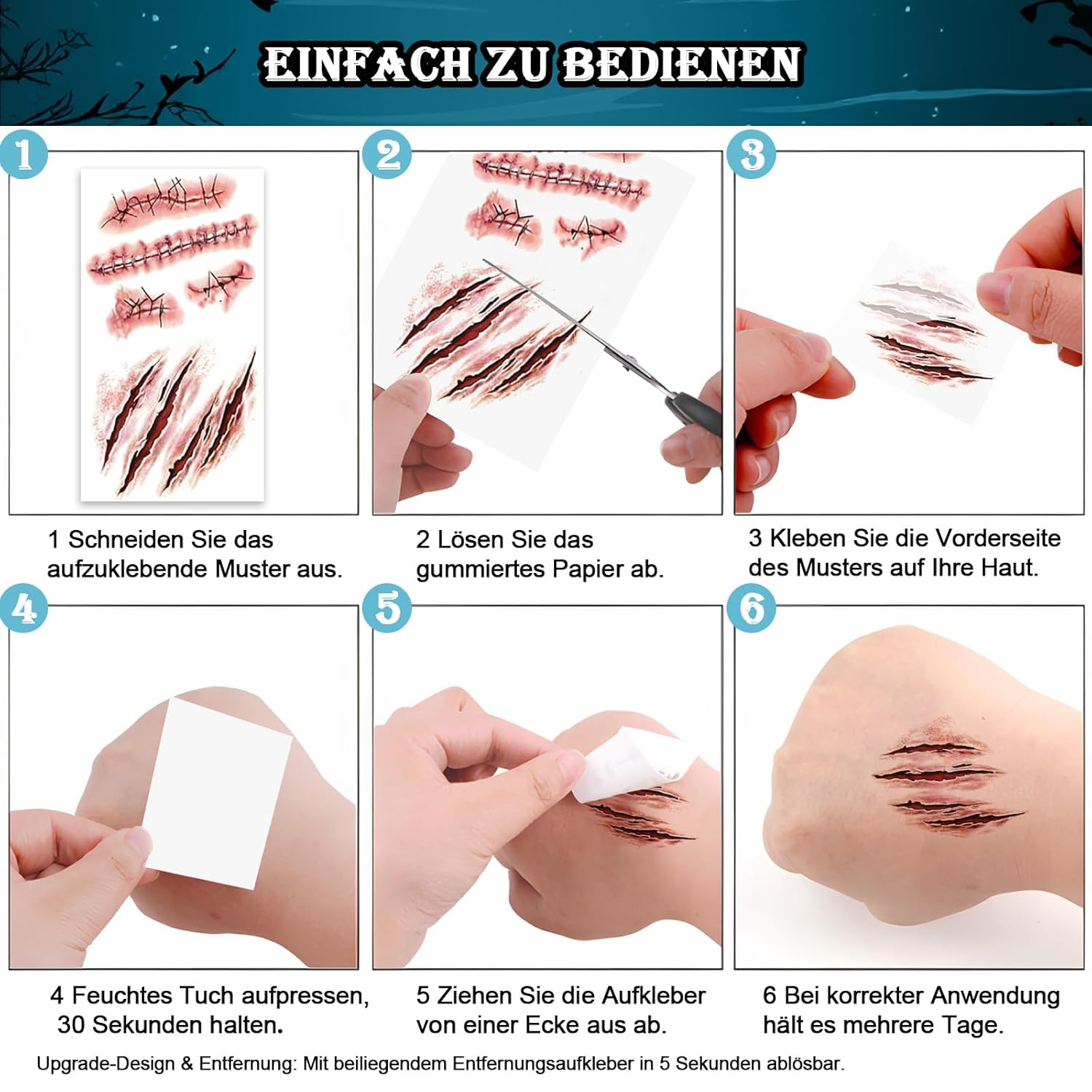 Tatuaje de Halloween cara (10 hojas), tatuajes de cicatrices, heridas de zombi cara de Halloween - Imagen 23 de 38