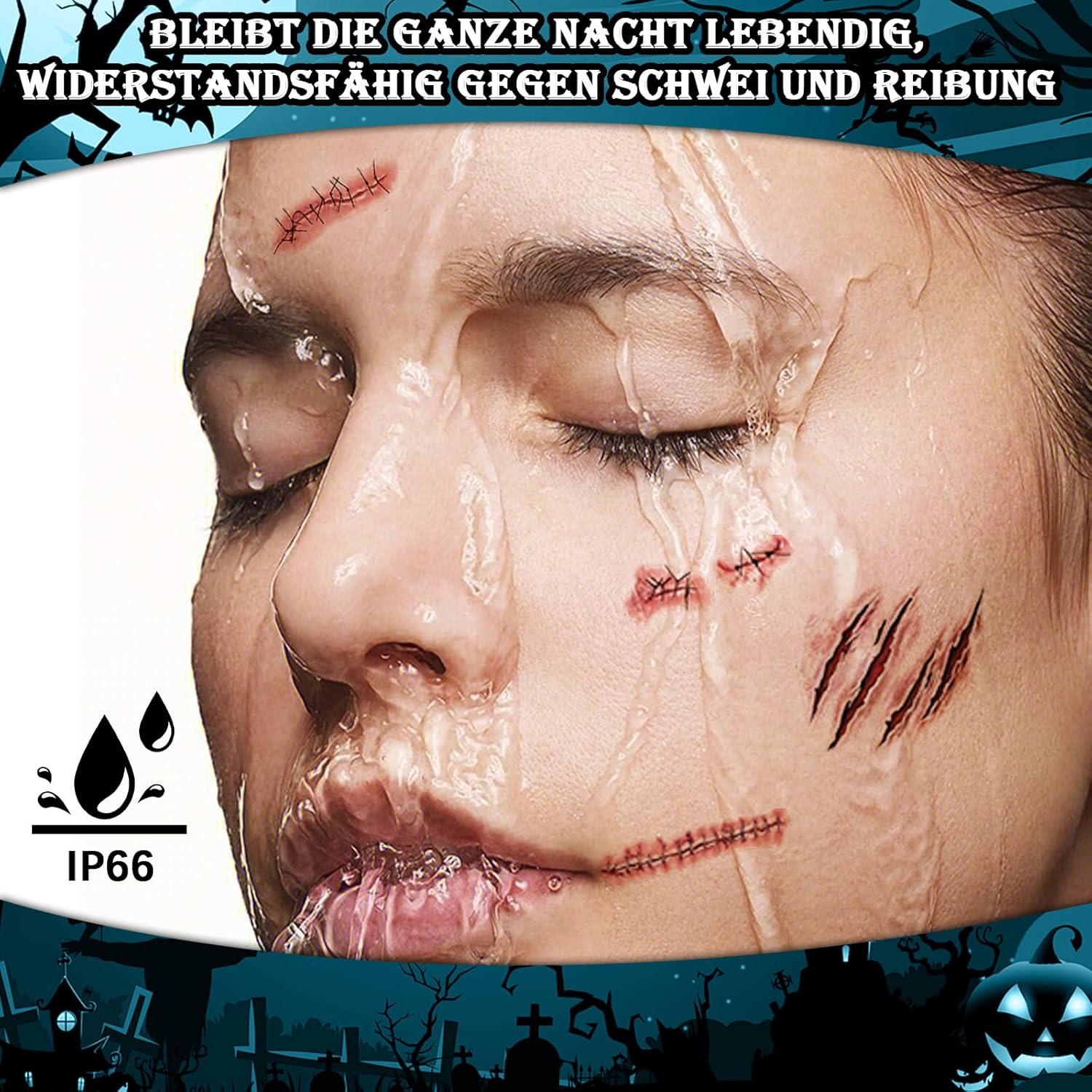 Tatuaje de Halloween cara (10 hojas), tatuajes de cicatrices, heridas de zombi cara de Halloween - Imagen 24 de 38