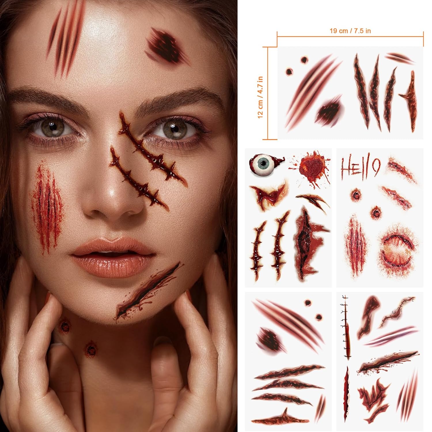 Tatuaje de Halloween cara (10 hojas), tatuajes de cicatrices, heridas de zombi cara de Halloween - Imagen 33 de 38