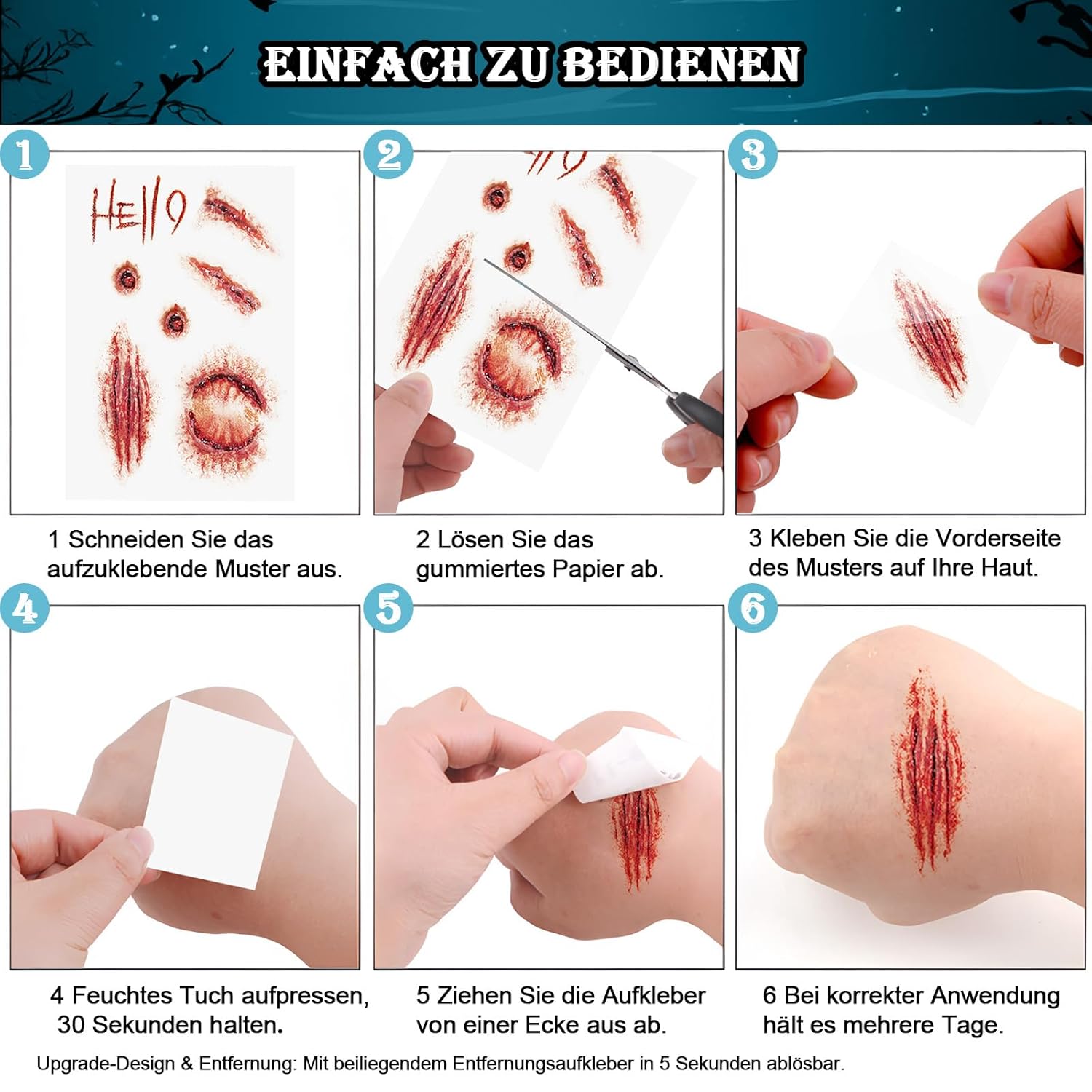 Tatuaje de Halloween cara (10 hojas), tatuajes de cicatrices, heridas de zombi cara de Halloween - Imagen 35 de 38