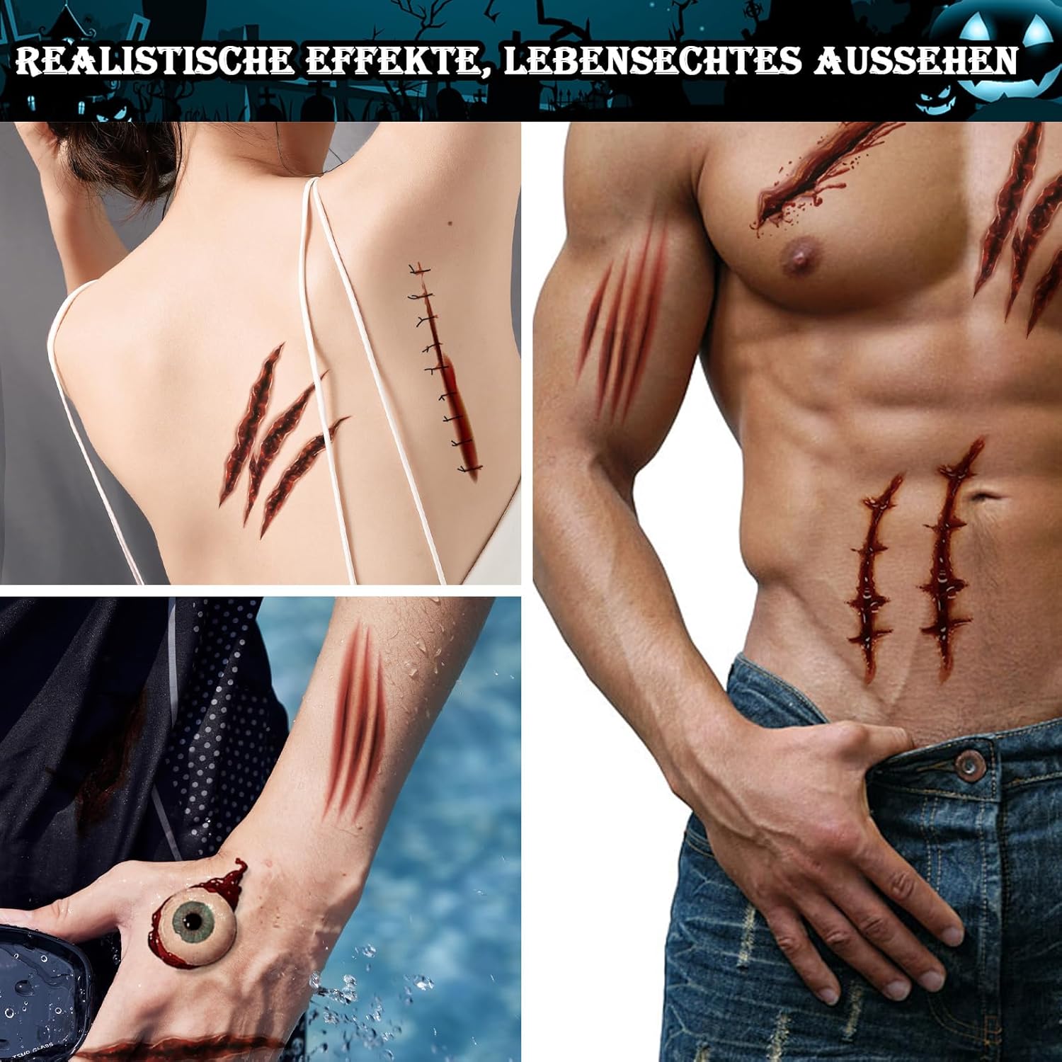 Tatuaje de Halloween cara (10 hojas), tatuajes de cicatrices, heridas de zombi cara de Halloween - Imagen 37 de 38