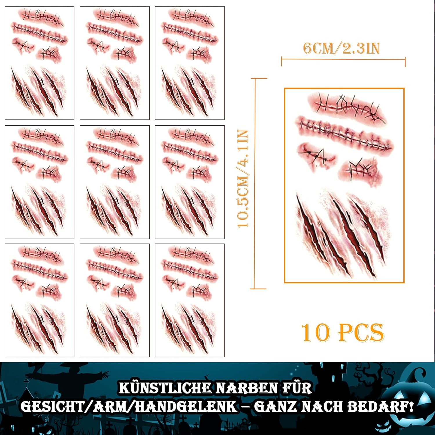 Tatuaje de Halloween cara (10 hojas), tatuajes de cicatrices, heridas de zombi cara de Halloween - Imagen 20 de 38