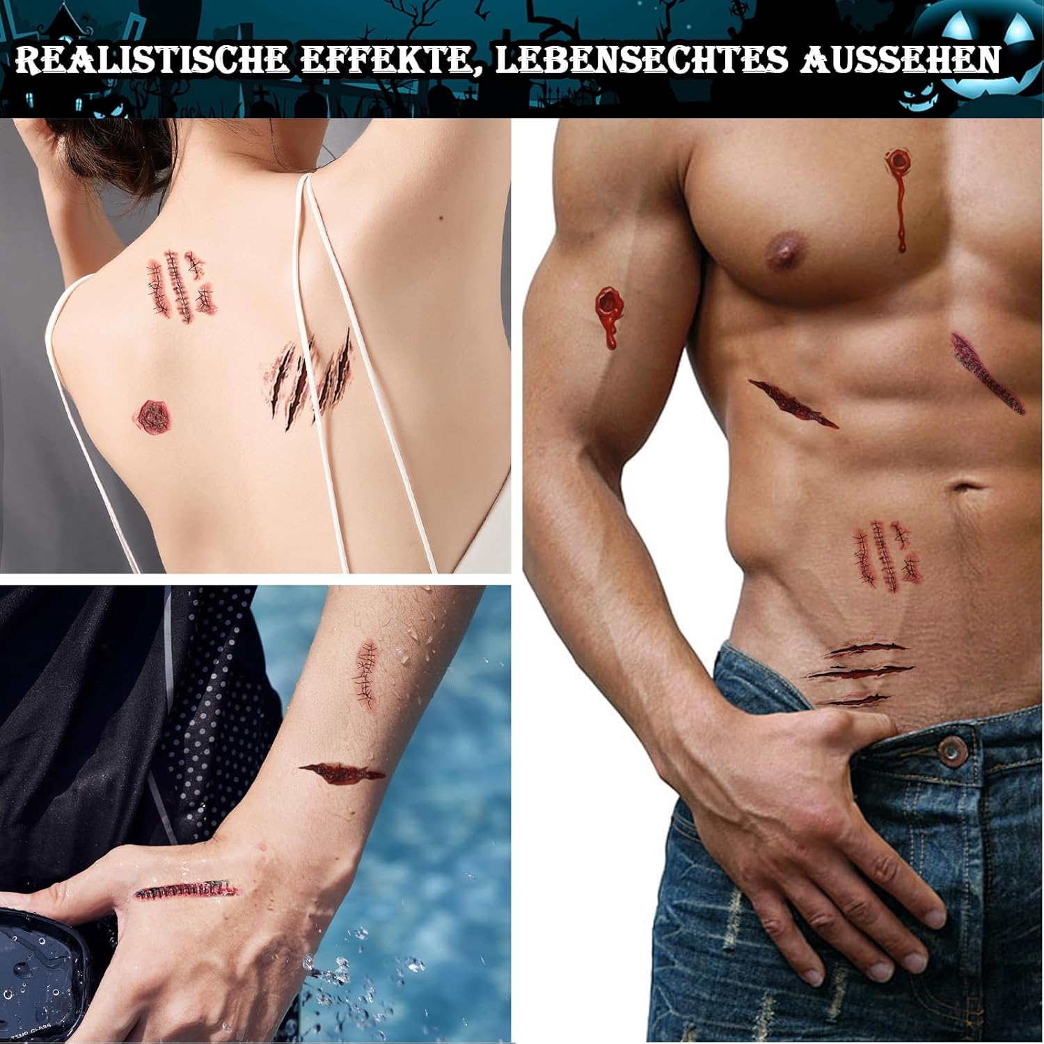 Tatuaje de Halloween cara (10 hojas), tatuajes de cicatrices, heridas de zombi cara de Halloween - Imagen 26 de 38