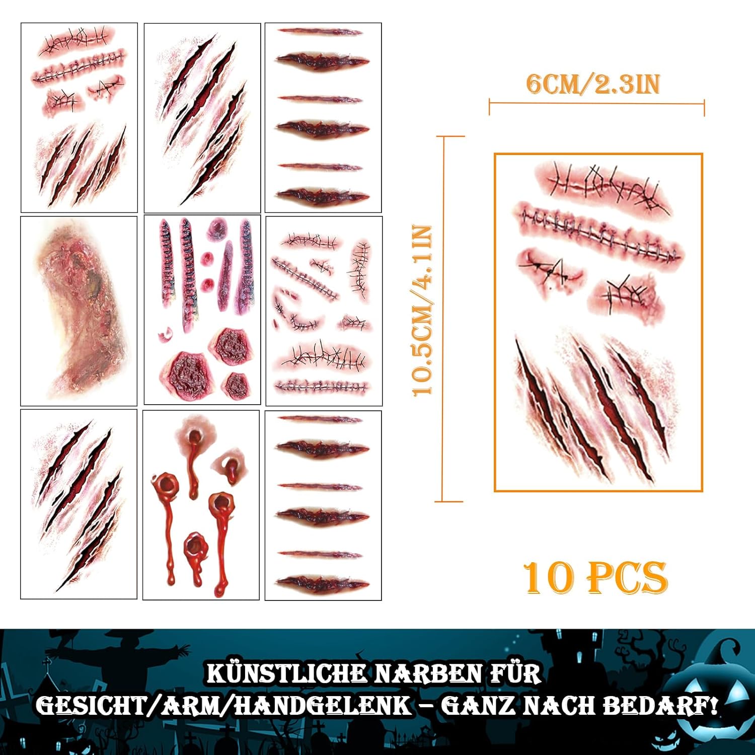 Tatuaje de Halloween cara (10 hojas), tatuajes de cicatrices, heridas de zombi cara de Halloween - Imagen 27 de 38