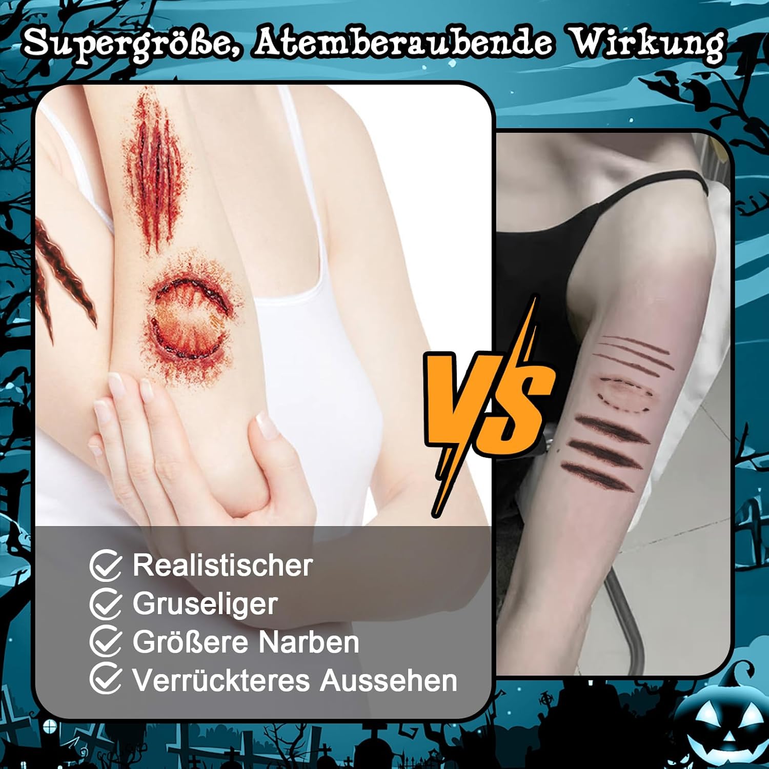 Tatuaje de Halloween cara (10 hojas), tatuajes de cicatrices, heridas de zombi cara de Halloween - Imagen 34 de 38