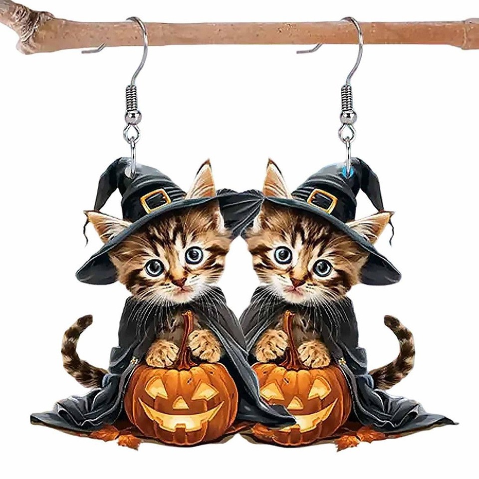 Pendientes Bruja en Escoba, Pendientes Halloween para Mujer Bruja, Pendientes Acrílicos 2d - Imagen 21 de 23