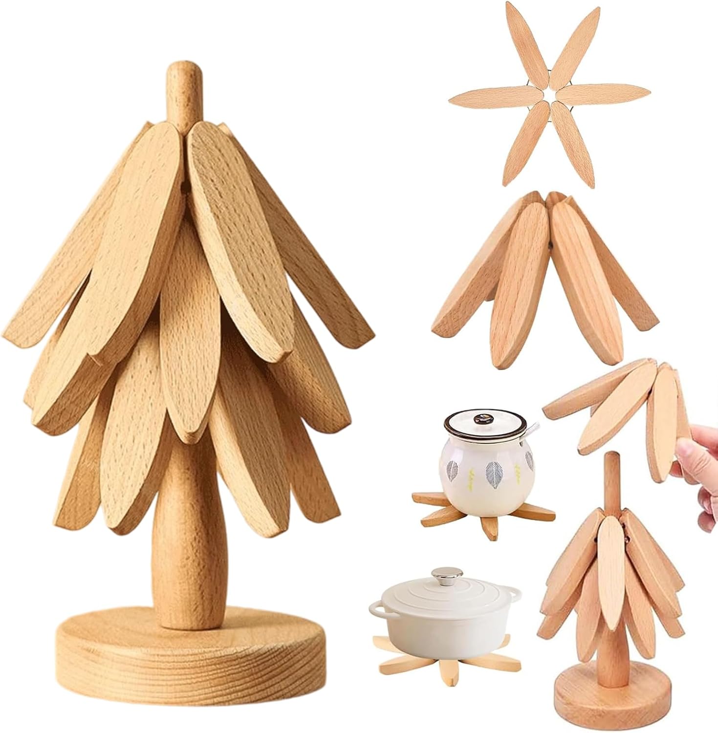 Natural Tree Trivet Set - 3/4/5 Wooden Trivets & 1 Stand r Hotdishes Pot Bowl