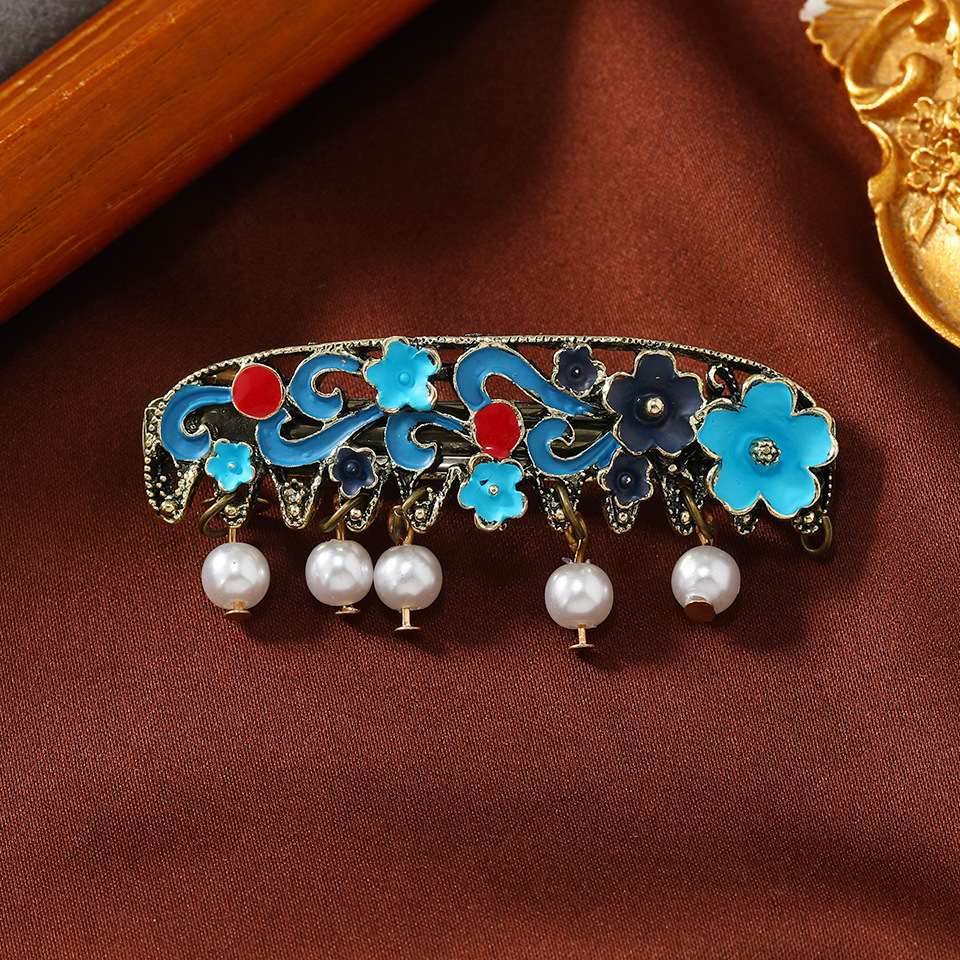 Nuevo estilo chino flor azul hanfu plato perlas borlas en la parte superior horquilla - Imagen 6 de 9