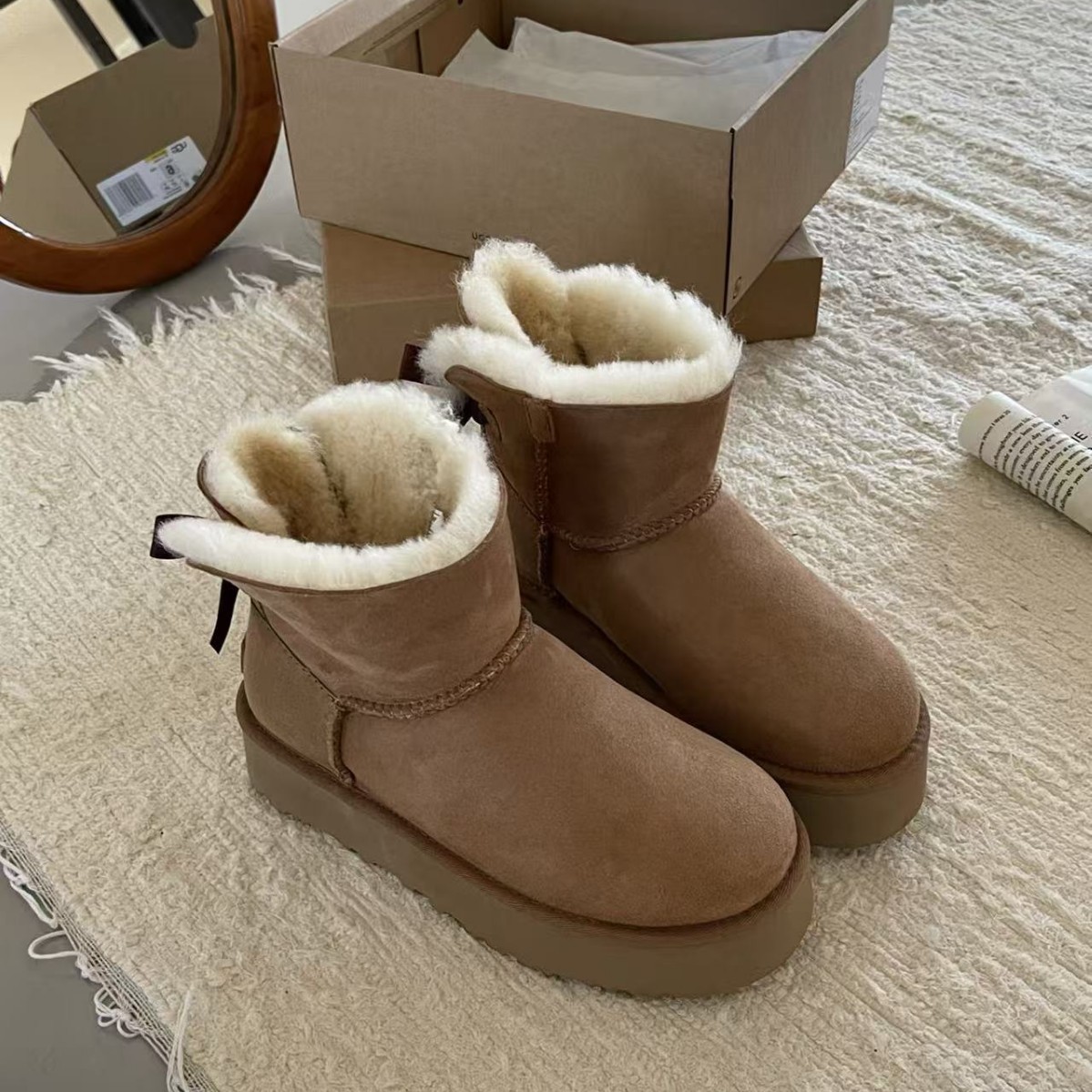 Women's Shoes UGG Brown Suede MINI BAILEY BOW II Slip On Ankle Boots New