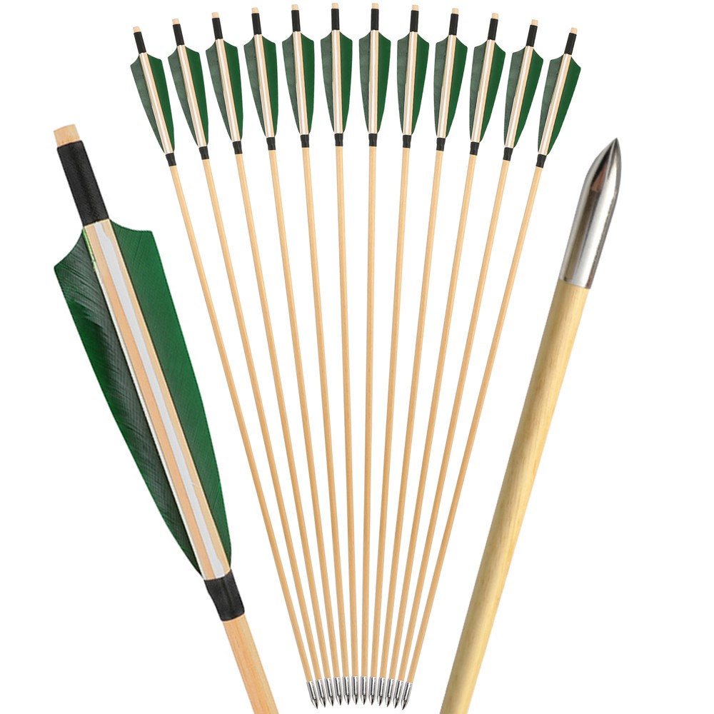 12X 32″ Archery Wooden Arrows 5″ Feather Field Tips Traditional Bow Longbow Hunt
