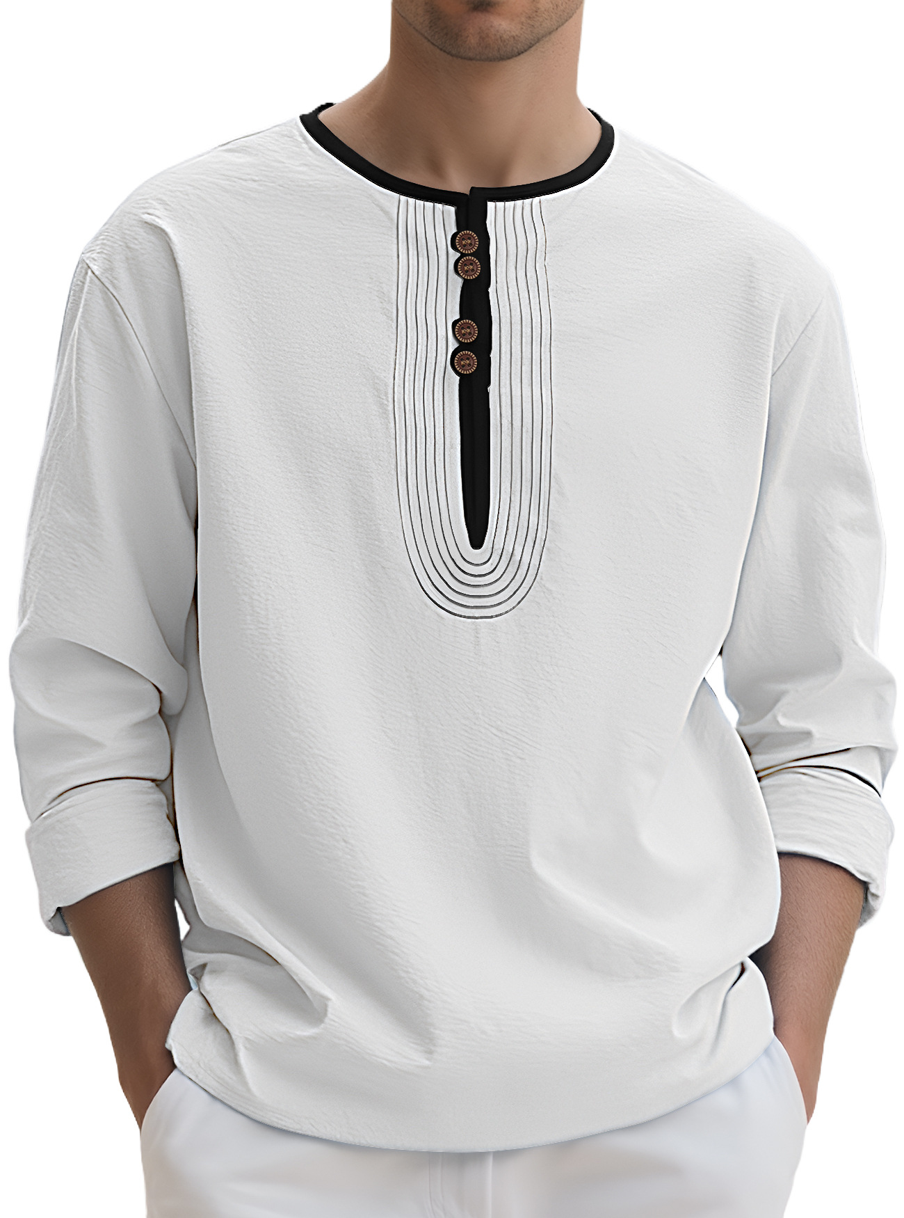 Camicia manica lunga sciolta lino tinta unita collo Henry uomo - Foto 20 di 25