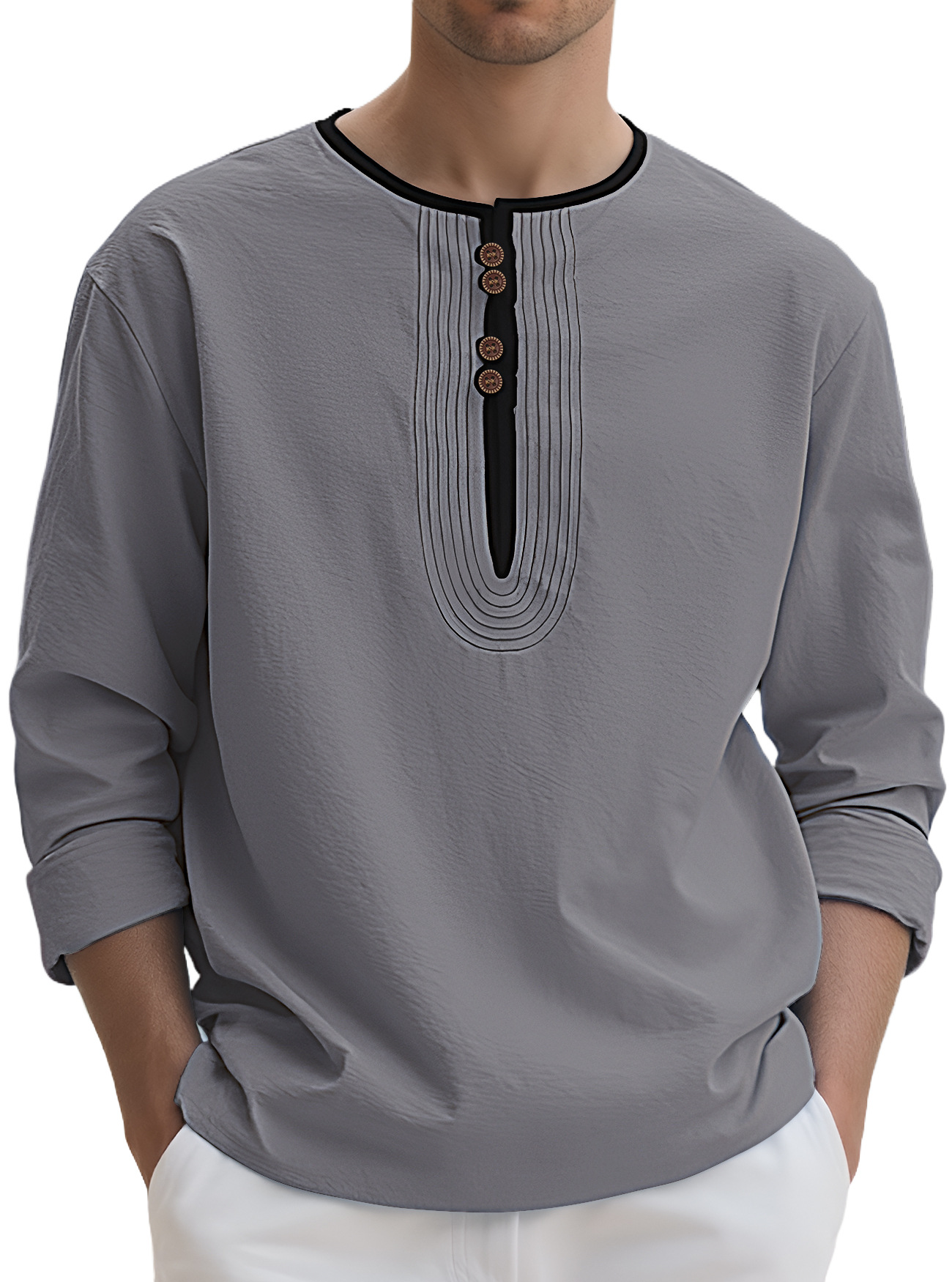 Camicia manica lunga sciolta lino tinta unita collo Henry uomo - Foto 21 di 25