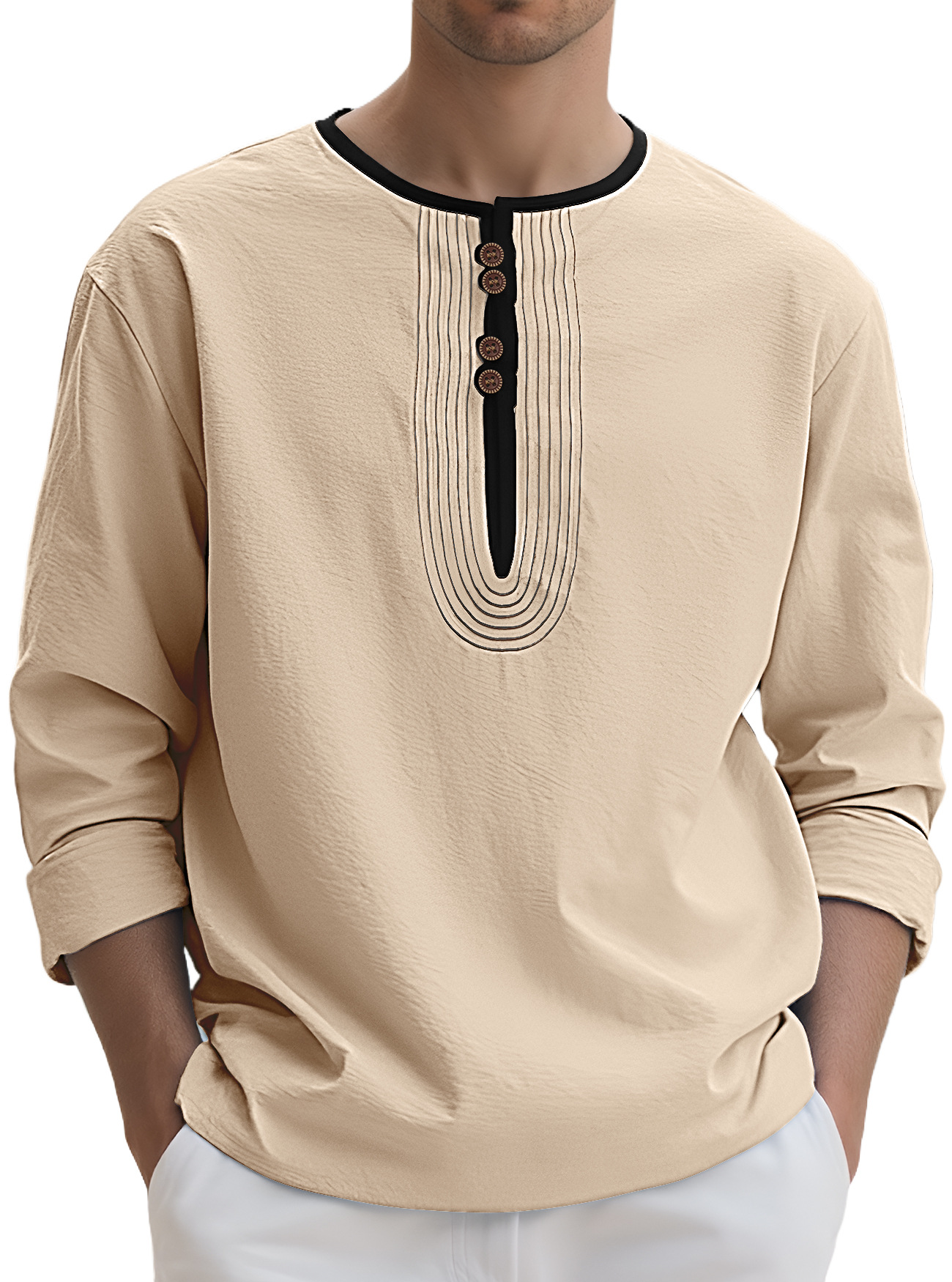 Camicia manica lunga sciolta lino tinta unita collo Henry uomo - Foto 23 di 25