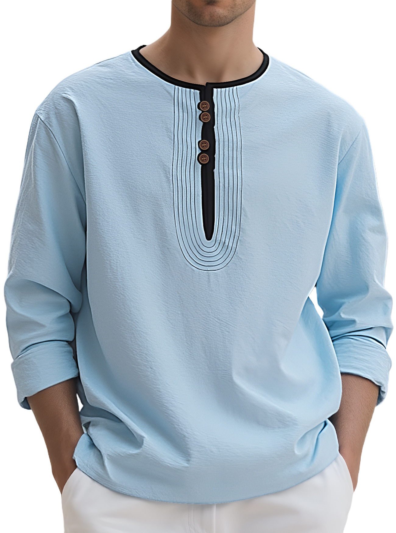 Camicia manica lunga sciolta lino tinta unita collo Henry uomo - Foto 24 di 25