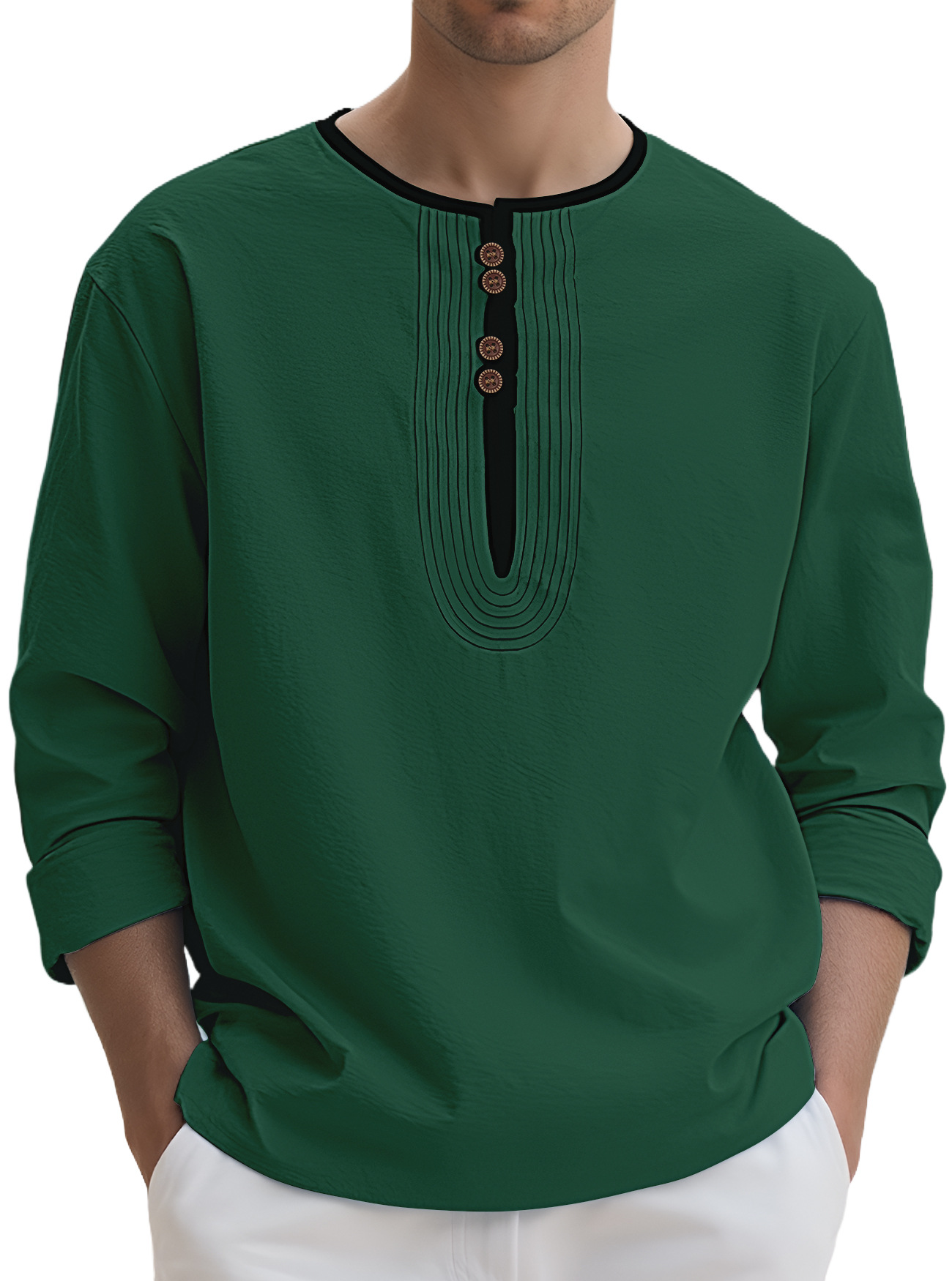 Camicia manica lunga sciolta lino tinta unita collo Henry uomo - Foto 25 di 25
