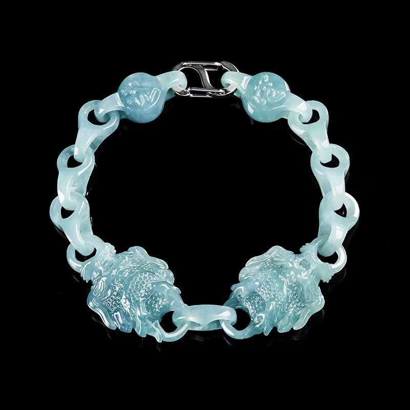 Real Grade A Natural Green Jade Jadeite Double Dragon Chain Bracelet