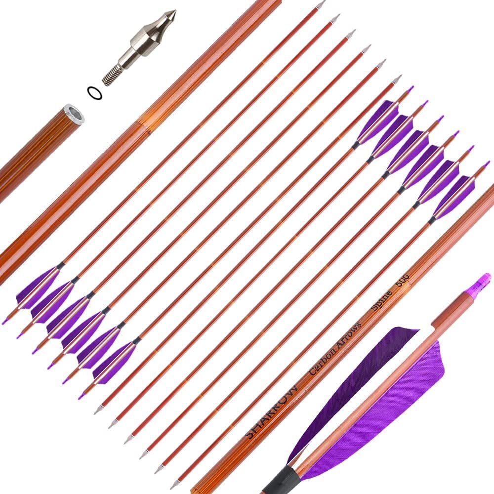 Archery 30" Carbon Arrows SP500 Feathers Bamboo Skin Hunting Target Bow Shooting - Picture 28 of 33