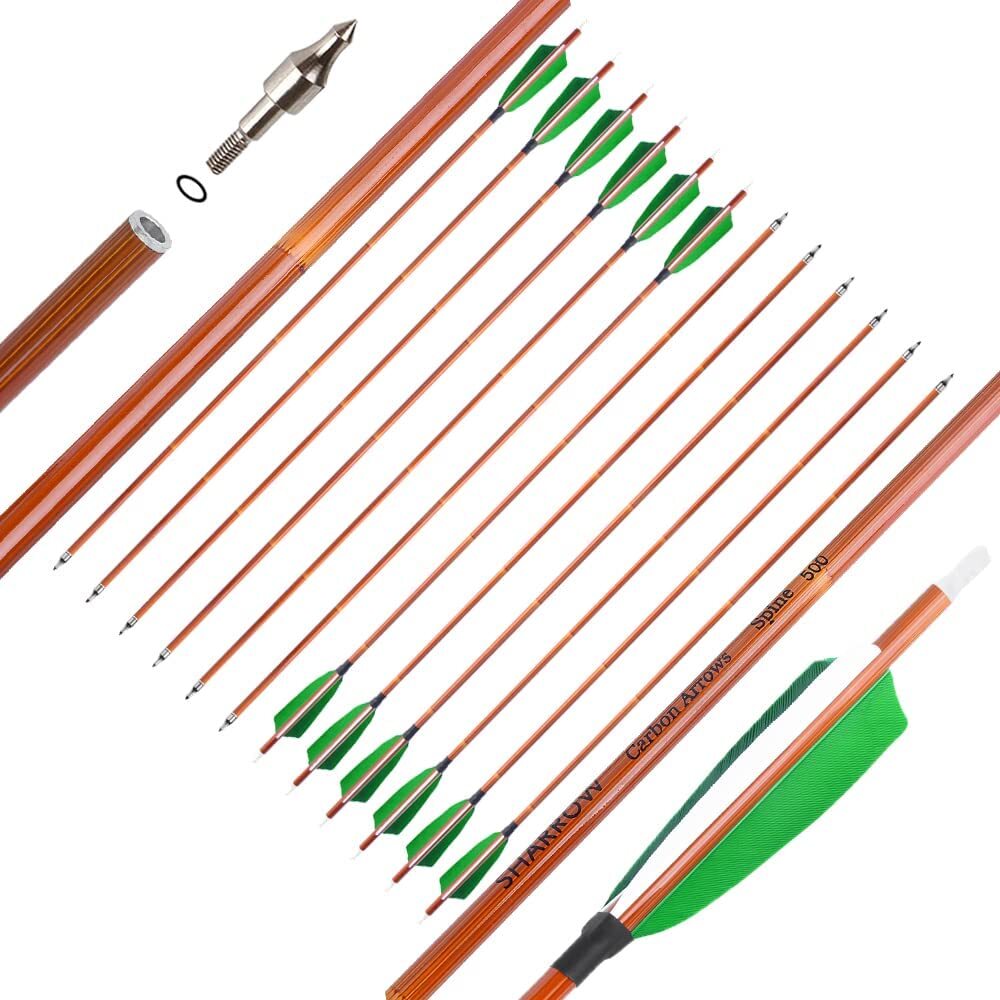Archery 30" Carbon Arrows SP500 Feathers Bamboo Skin Hunting Target Bow Shooting - Picture 31 of 33