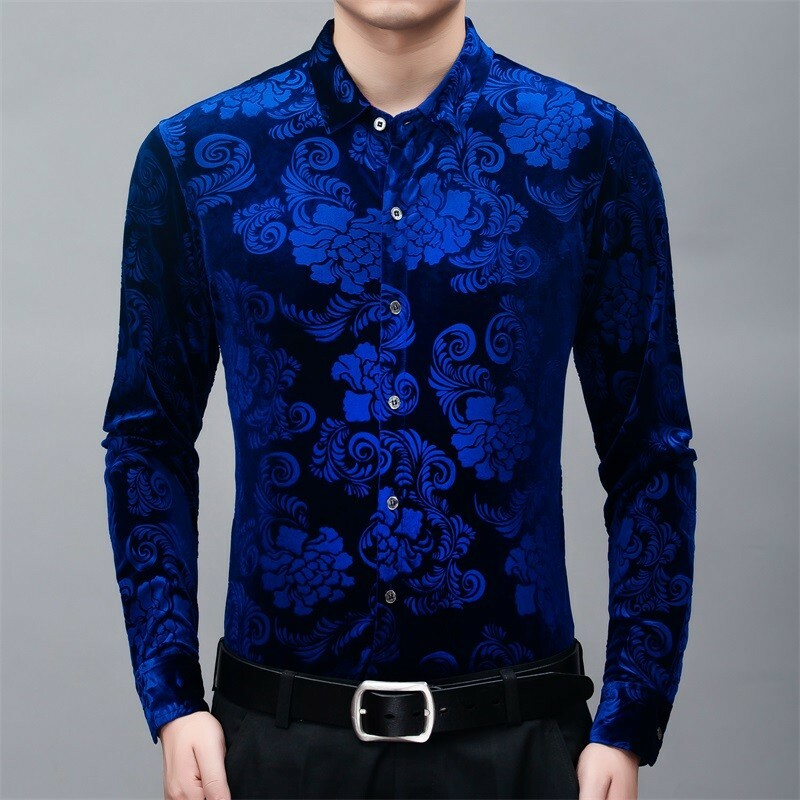 Mens Slim Fit Long Sleeve Jacquard Flower Velvet Shirt Tops Front Button Blouses